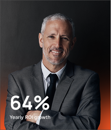 A confident middle-aged man in a suit smiles with arms crossed against a dark background. Text on the image reads, “64% Yearly ROI growth.”.