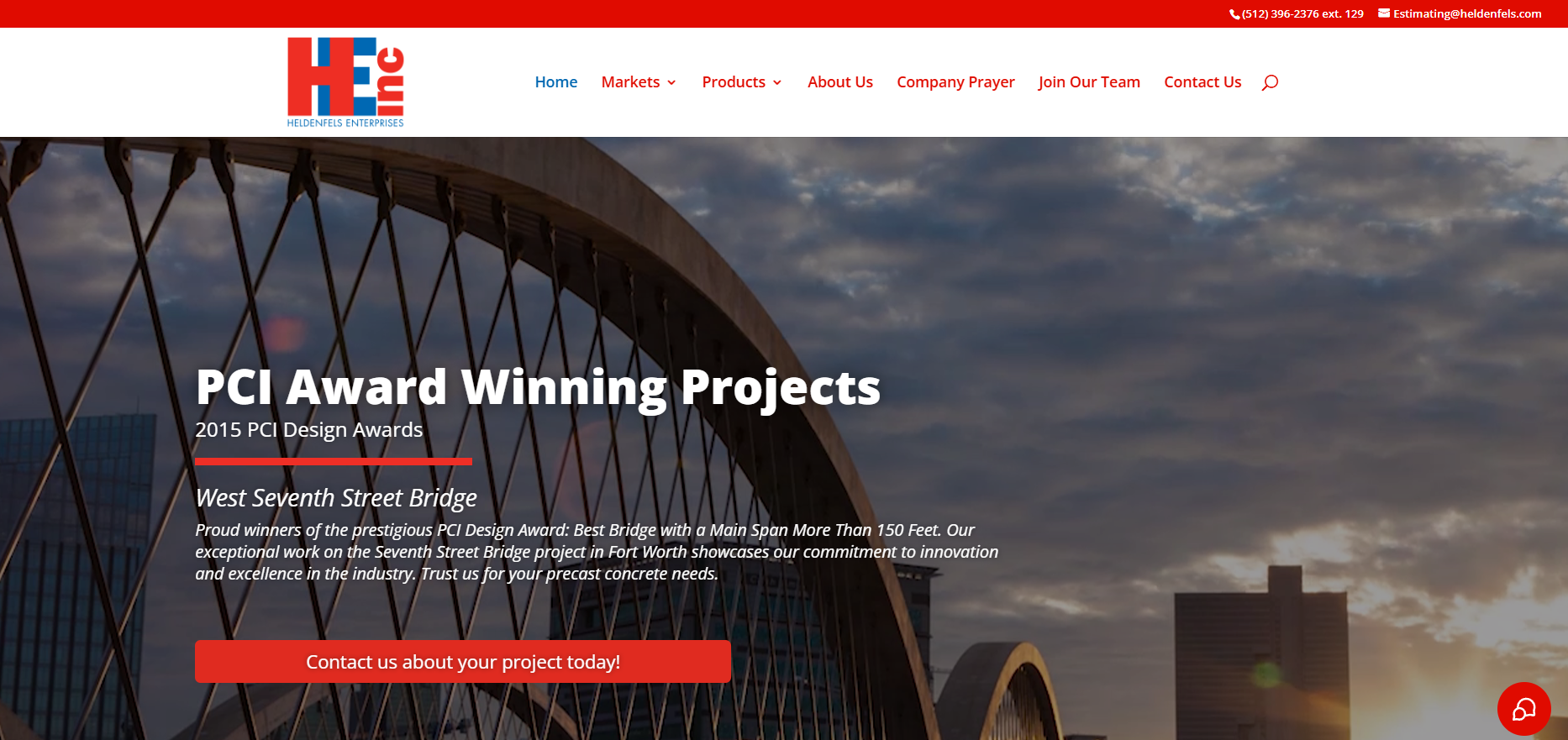 A website header shows a bridge with metal arches against a city skyline at sunset, featuring text about PCI Award Winning Projects and a red button labeled &ldquo;Contact us about your project today!&rdquo;.