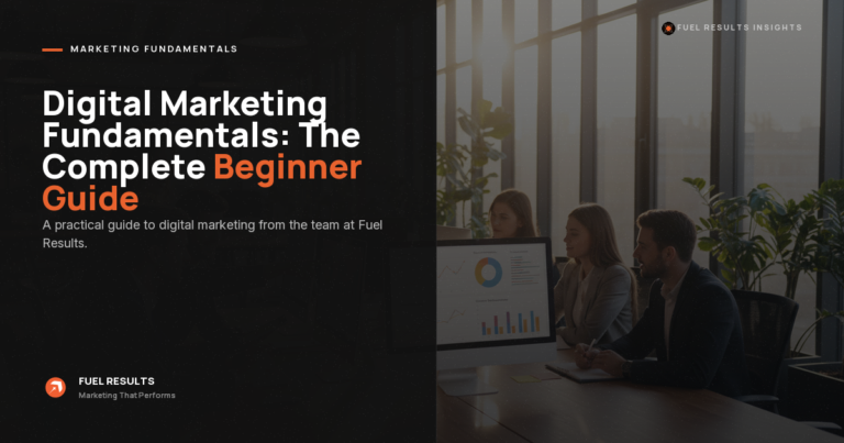 A presentation slide titled "Digital Marketing Fundamentals: The Complete Beginner Guide" appears alongside an image of three people in business attire looking at a screen displaying marketing charts.