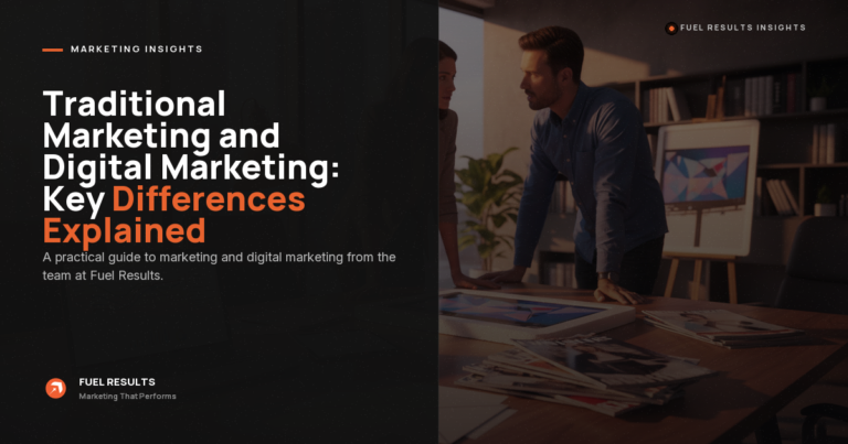 A man stands by a table with marketing materials, speaking to colleagues in a modern office. The text reads: "Traditional Marketing and Digital Marketing: Key Differences Explained," promoting a marketing guide by Fuel Results.