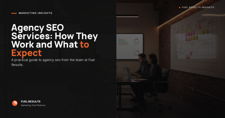 A presentation slide titled "Agency SEO Services: How They Work and What to Expect" is displayed on a dark background. Two people sit at a desk near a large screen and a whiteboard with diagrams.