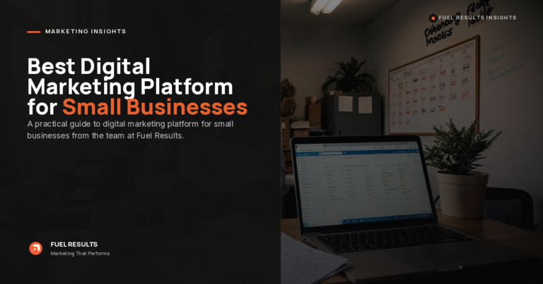 A split-screen image with text on the left reading "Best Digital Marketing Platform for Small Businesses" and a photo on the right of an open laptop on a desk in an office with a whiteboard in the background.