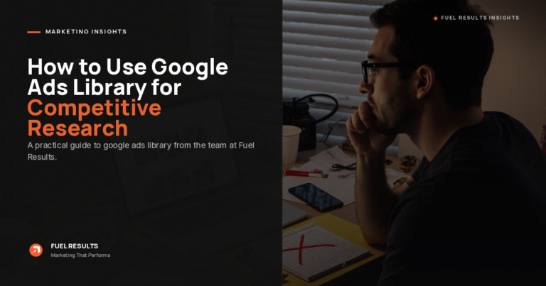 A man wearing glasses sits at a desk with a computer, looking thoughtful. On the left, text reads: “How to Use Google Ads Library for Competitive Research” by Fuel Results. The workspace has papers and a coffee mug.