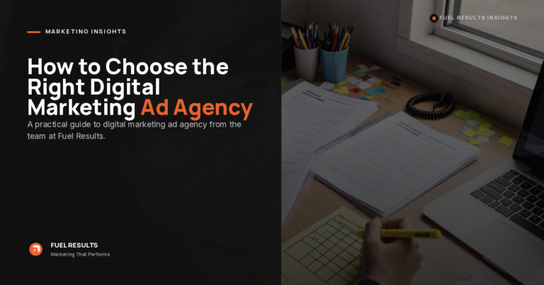 Split screen with text on the left reading "How to Choose the Right Digital Marketing Ad Agency" and a desk scene on the right showing a hand using a pencil, notebooks, sticky notes, and a computer keyboard.
