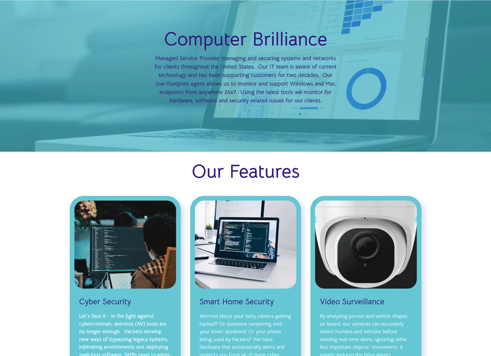 Laptop in background with a transparent blue overlay and circular design. Below, features are listed: Cyber Security, Smart Home Security, and Video Surveillance, each with an image and brief description in colored boxes.