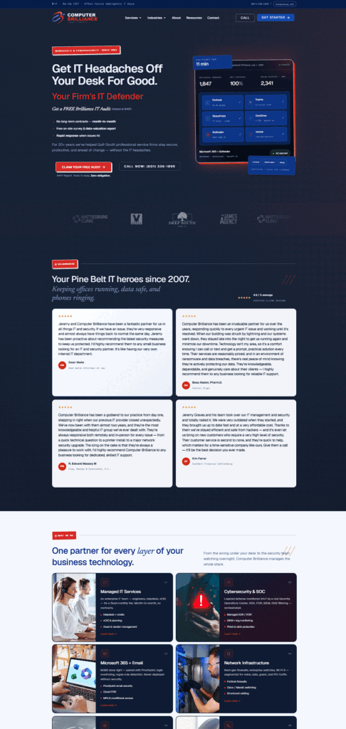 Screenshot of a tech company’s website offering IT services, displaying a navigation bar, a prominent headline, customer testimonials, service descriptions with icons, and business-related images in a clean, modern layout.
