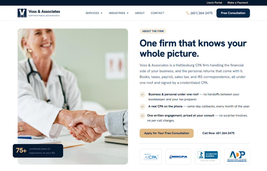 A smiling professional shakes hands with a client across a desk. The webpage advertises CPA services, highlighting free consultations, benefits, and professional certifications, with contact information visible.