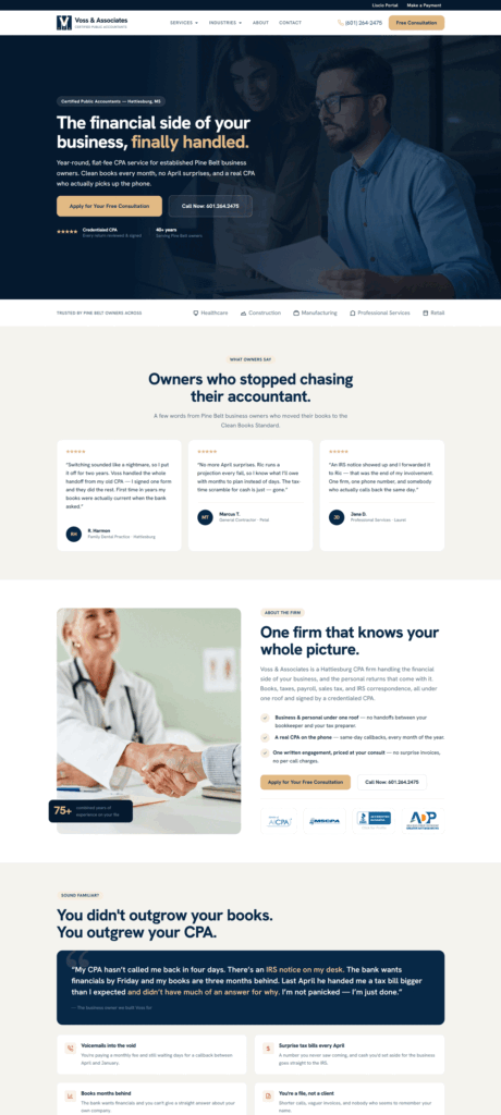 Screenshot of a CPA firm's website showing services, testimonials, client logos, contact information, and sections promoting expertise in handling business finances and bookkeeping.