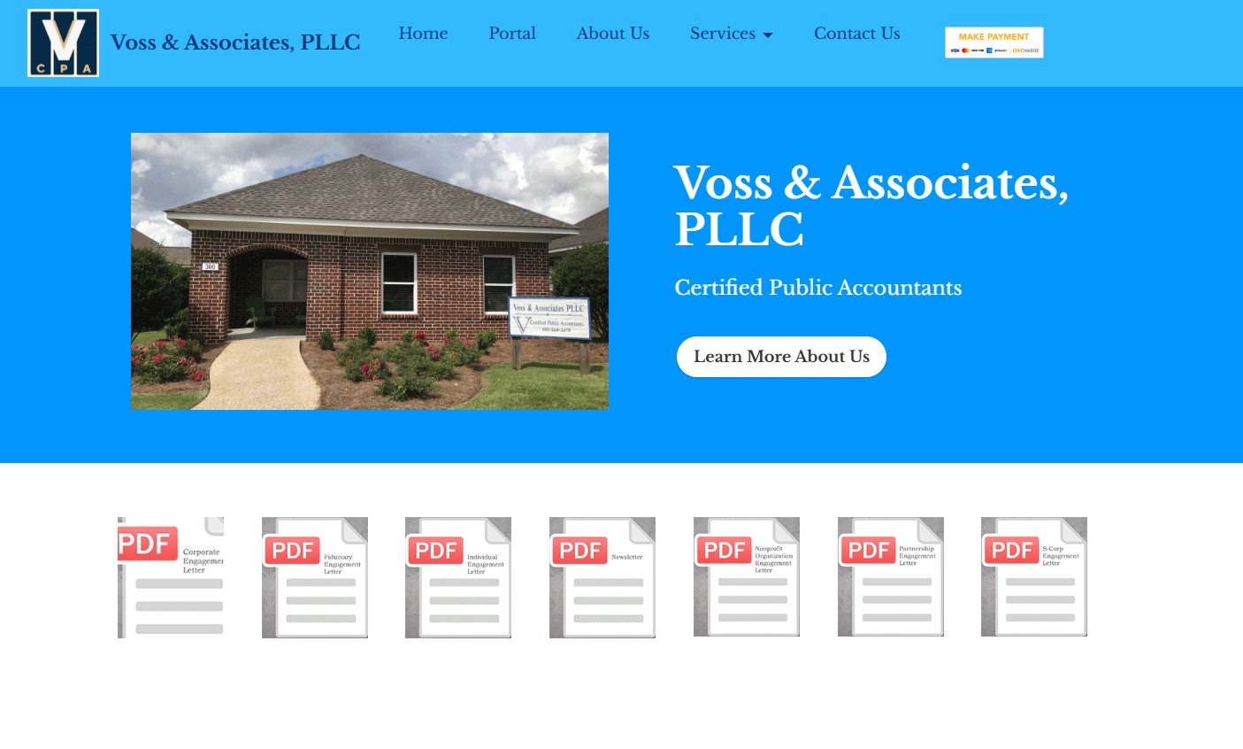 Screenshot of Voss & Associates, PLLC website with a brick office photo, firm name, and PDF links for tax forms at the bottom. The menu bar shows Home, Portal, About Us, Services, and Contact Us.