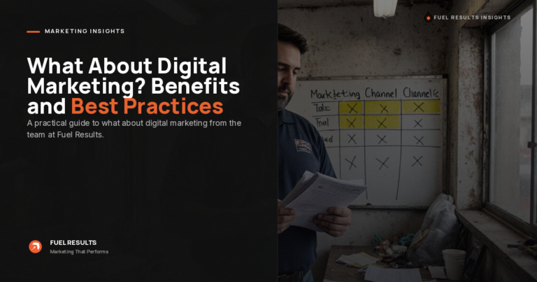 A man holding papers stands by a whiteboard with a marketing channel chart. Text reads: “What About Digital Marketing? Benefits and Best Practices.” The scene is dimly lit, with an industrial, unfinished interior.