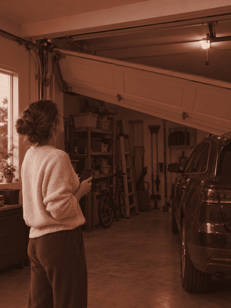 Homeowner on the phone looking at a garage door stuck crooked off its track