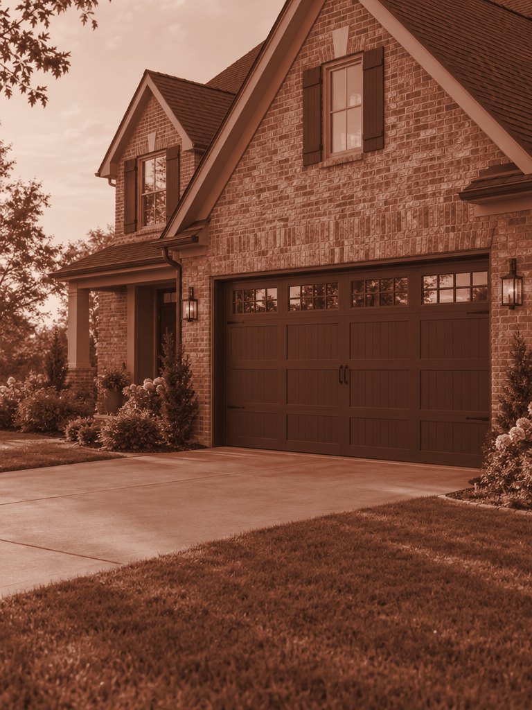 Newly installed dark carriage-style garage door on a brick suburban home