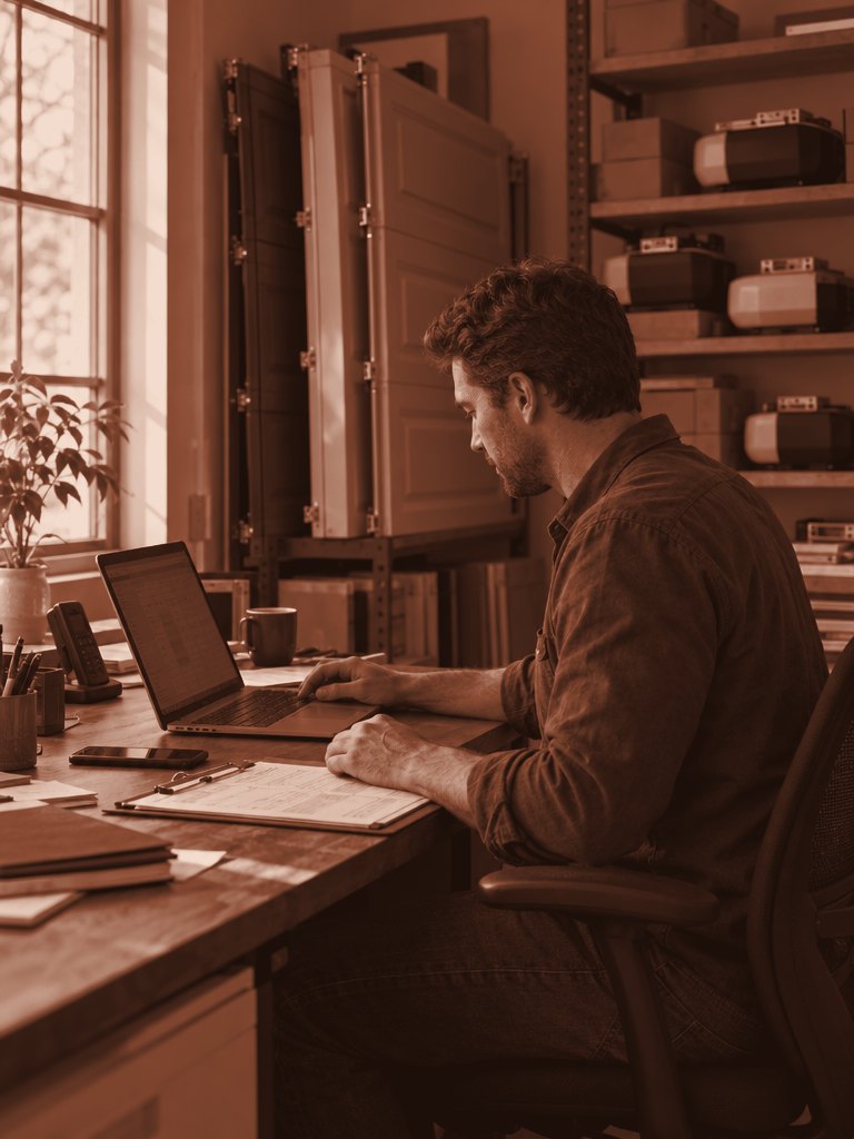 Garage door company owner working at a shop desk with door panels on shelves behind