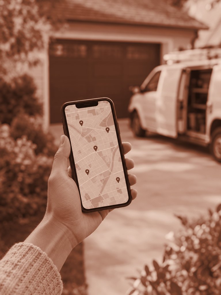 Phone showing local map results with a garage door service van in a driveway behind it