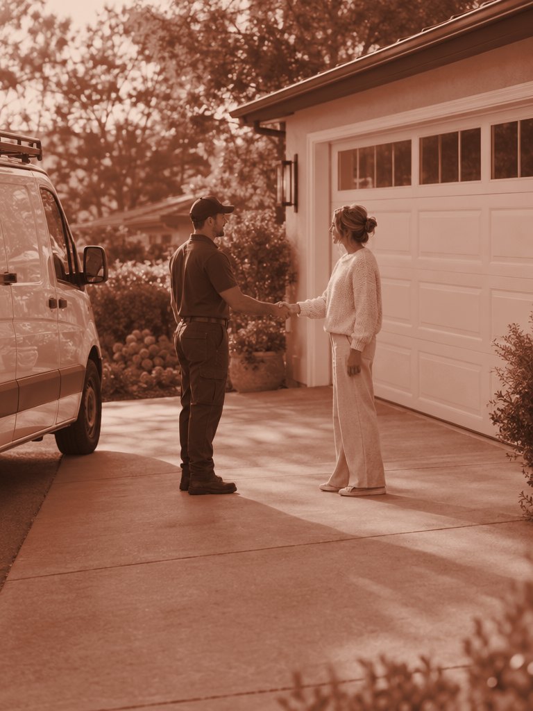 Garage door technician shaking hands with a homeowner in front of a new white garage door