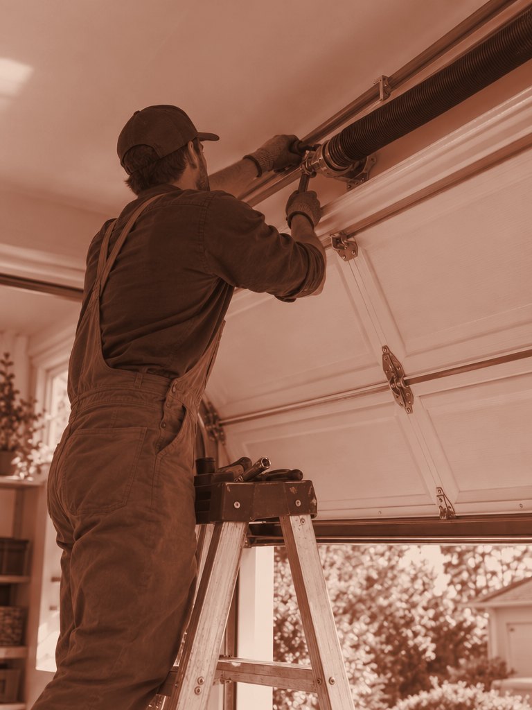 Garage door technician on a ladder replacing a torsion spring above a sectional door