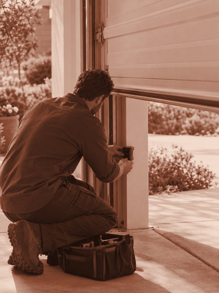 Technician adjusting a garage door opener safety sensor beside an open door