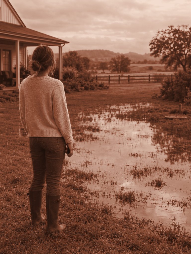 Homeowner looking at a soggy, waterlogged lawn over a backyard drain field
