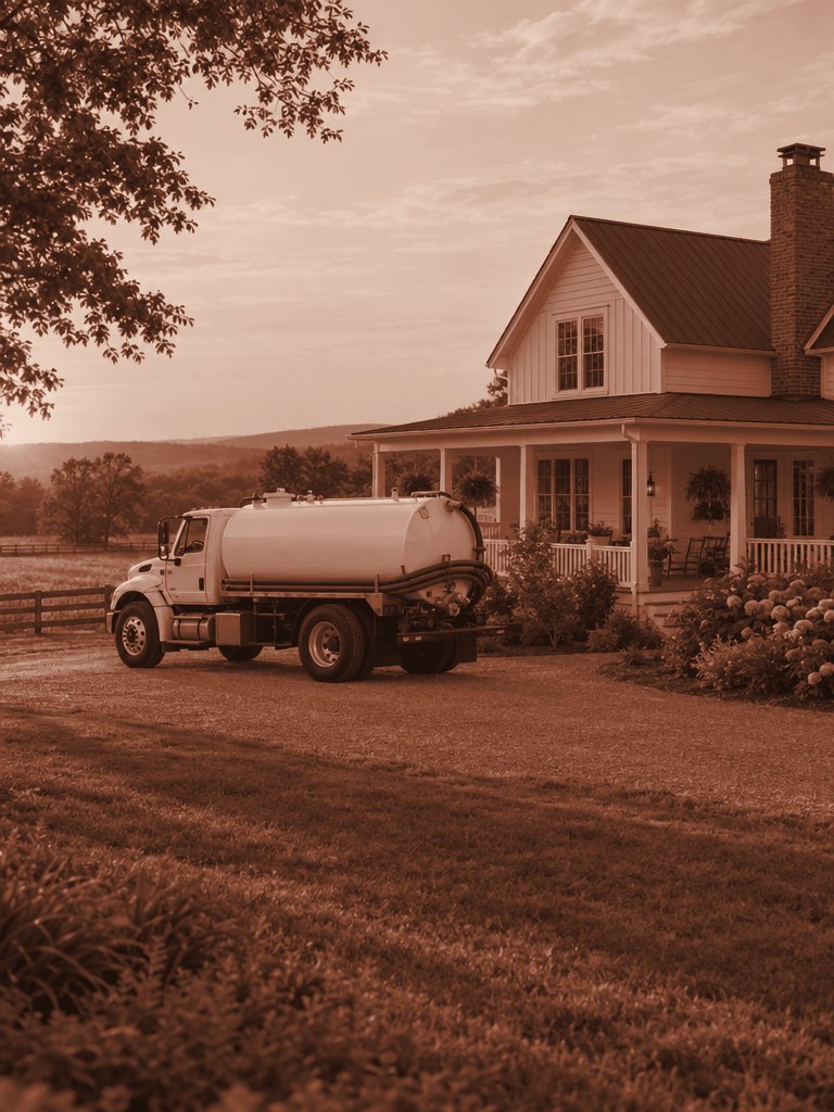 Unmarked septic pump truck parked in the driveway of a rural farmhouse at golden hour
