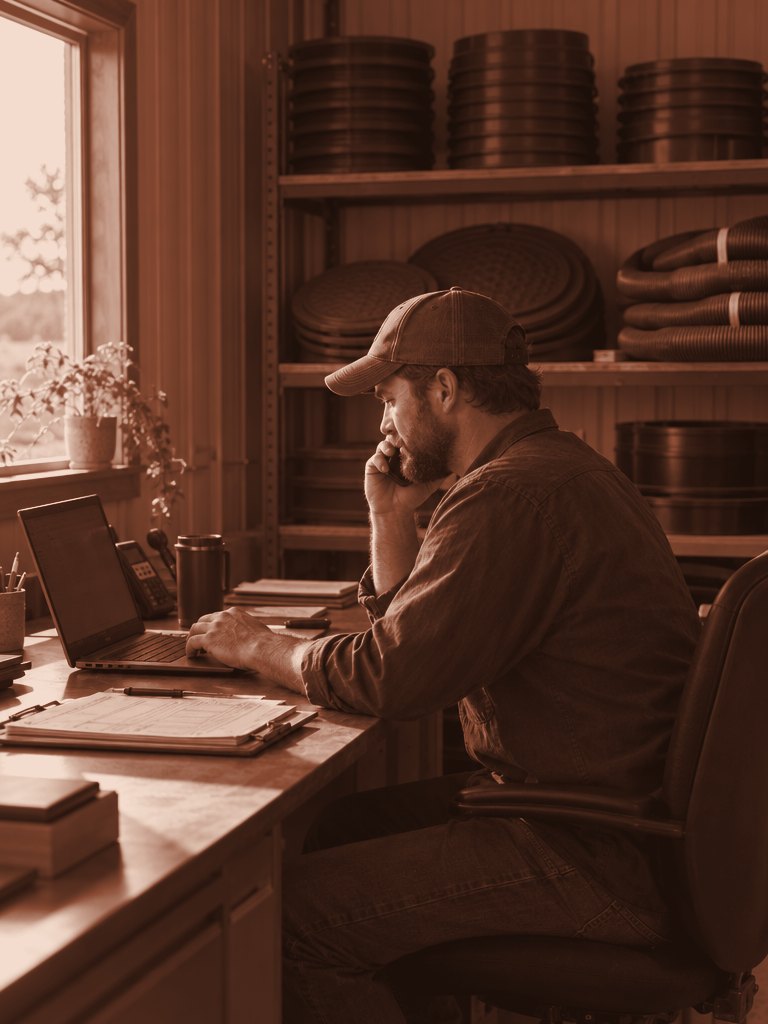 Septic company owner working at a shop desk with tank risers and hoses on shelves behind