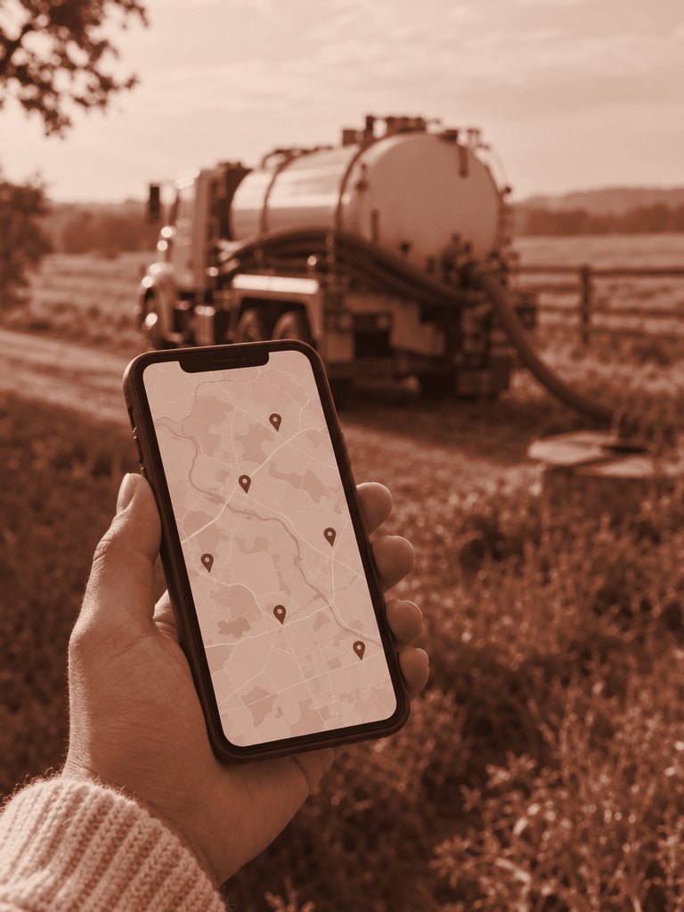 Phone showing local map results with a septic pump truck parked on a country road behind it