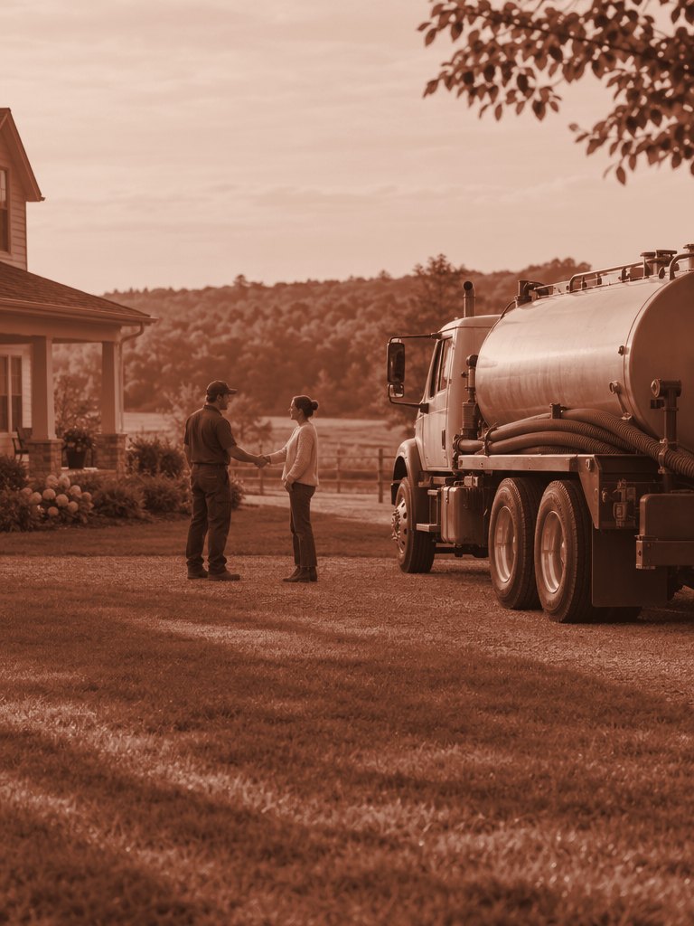 Septic technician shaking hands with a homeowner beside a pump truck at a rural home