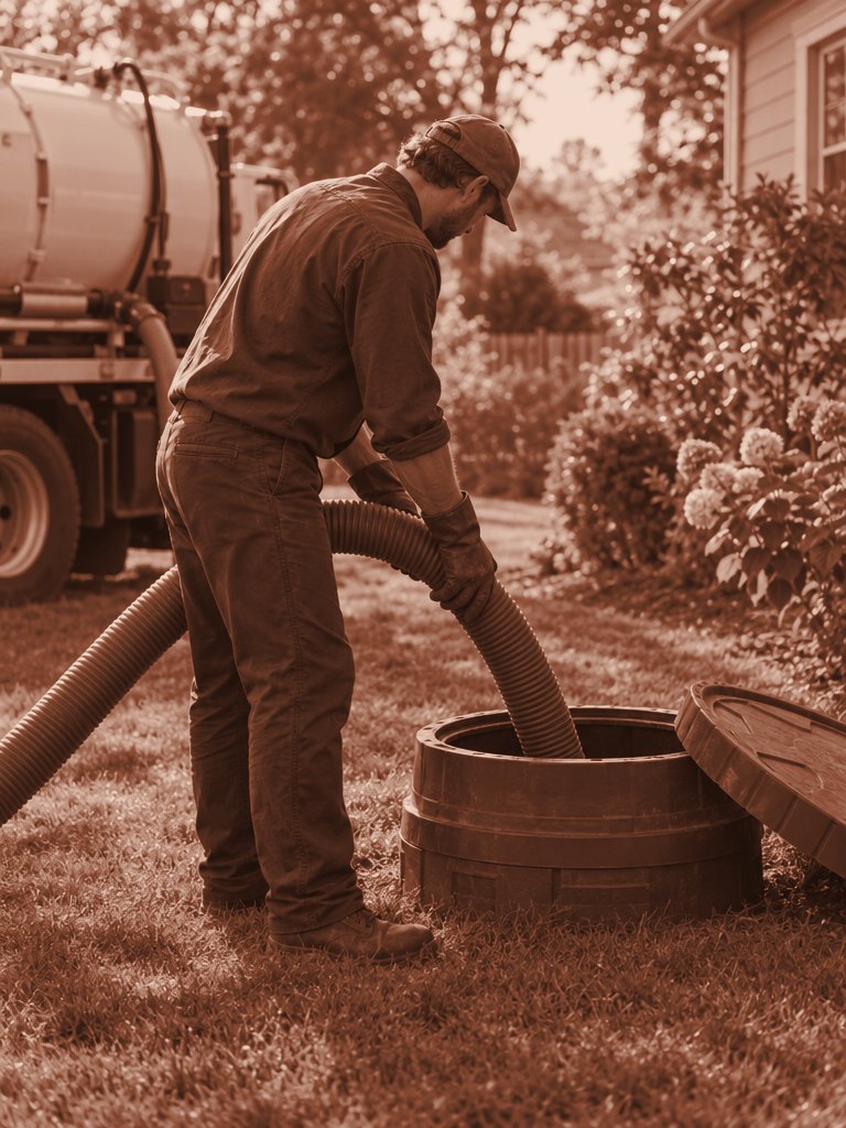 Septic technician feeding a vacuum hose into an open septic tank riser in a backyard