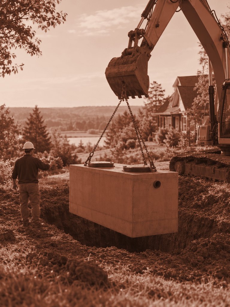 Excavator lowering a new concrete septic tank into a dug hole on a rural lot